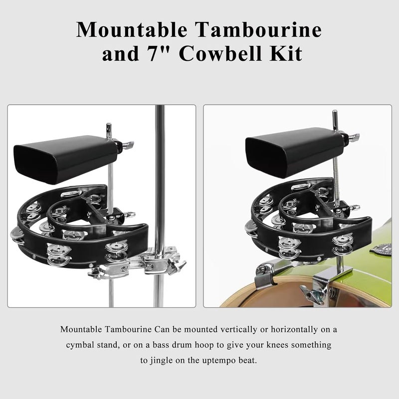 Seteol 7 Inch Cowbell & Mountable Tambourine Kit, Cowbell for Drum Set, Hand Held Mountable Tamborines for Musical Instrument Adult, Cowbell Percussion Accessory, Add-On for Drum Sets - Image 5